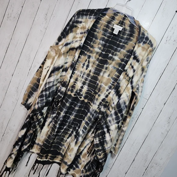 Soft Surrounding Women's Tan Black Tie Dye Fringe Drape Cardigan Size Medium. - Picture 4 of 10